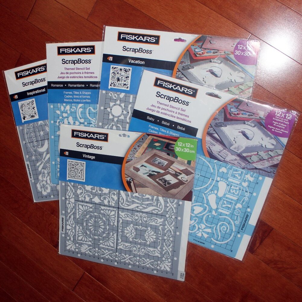❤️5 x Fiskars ScrapBoss Embossing Stencil Sets Vacation +Romance +Baby +Vintage